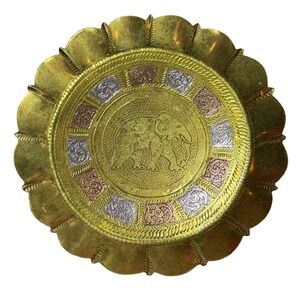Vintage‎ Brass Elephant Plate Dish Tray Decorative Boho Decor Gold Tone
